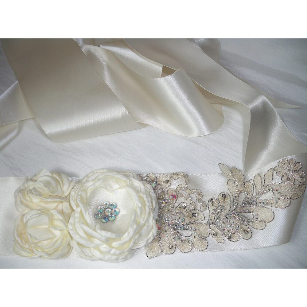 Ivory Lace Rhinestone Flower Bridal Prom Quinceanera MOB Party Formal Belt Sash